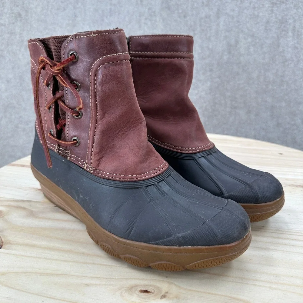 Sperry Saltwater Duck Boots Womens‎ 9 M Burgundy Leather Black Rubber Shell Zip